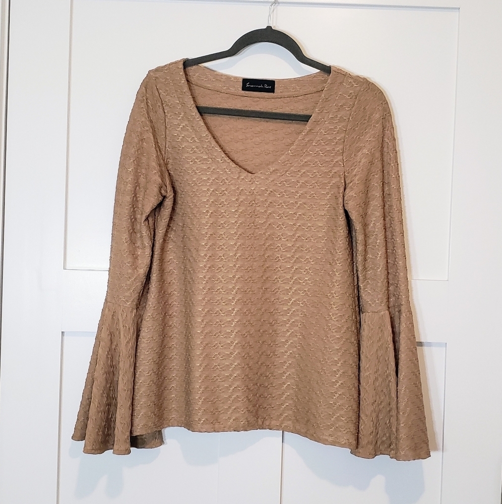 Savannah Rose Peplum Top Neutral Tan Brown Textured Lace Bell Sleeves Sz…